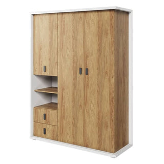 The CHOICEWARDROBE Minot Kids Wardrobe (150cm) features a Scandinavian-inspired wooden design in Hickory Oak & White, with 3 doors, drawers, open shelves, black handles, and hanging space—ideal storage for children's rooms.