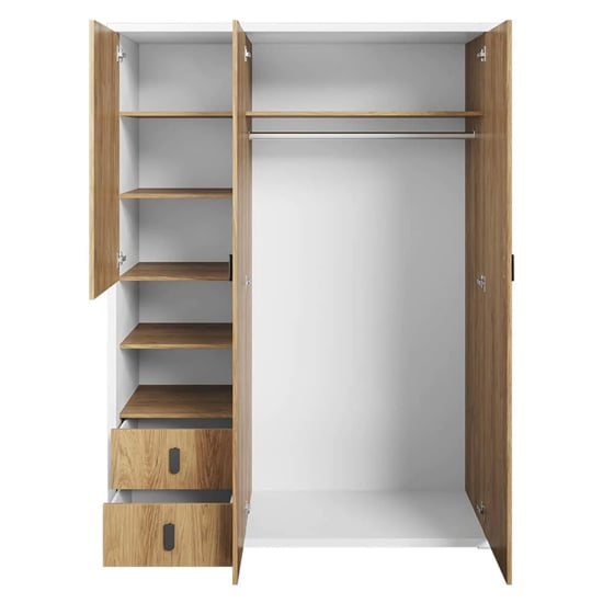 CHOICEWARDROBE Minot 150cm 3-door wardrobe: Hickory Oak & White with open shelves and two drawers.
