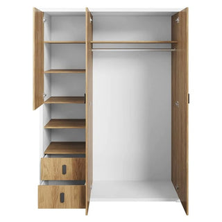 The CHOICEWARDROBE Minot Kids Wardrobe (150cm) in Hickory Oak & White features 3 doors, multiple open shelves, 2 drawers on the left, and a right-side hanging space—ideal for children’s rooms with Scandinavian flair.