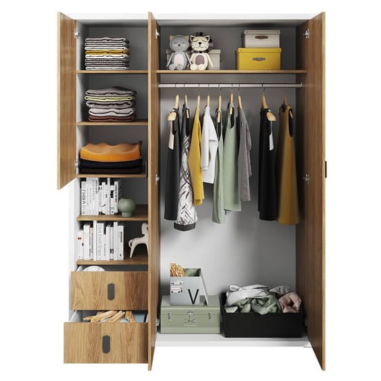 CHOICEWARDROBE 3-door wardrobe in Hickory Oak & White finish with drawers, hanging space, and shelves.