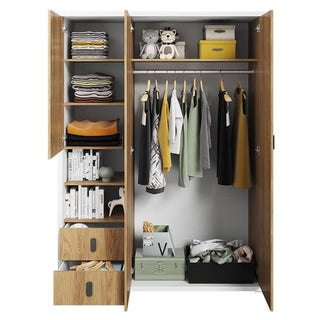 The CHOICEWARDROBE Minot Kids Wardrobe 150cm in Hickory Oak & White offers 3 doors, drawers, open shelves, and hanging space—perfect for neatly organizing clothes, toys, books, and storage boxes in children’s rooms.