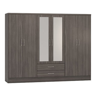 The CHOICEWARDROBE Modara 230cm 6 Door Mirrored Wardrobe in dark grey oak wood grain features extra-large bedroom storage, two central full-length mirrored doors, drawers beneath, and sleek silver handles for a modern touch.