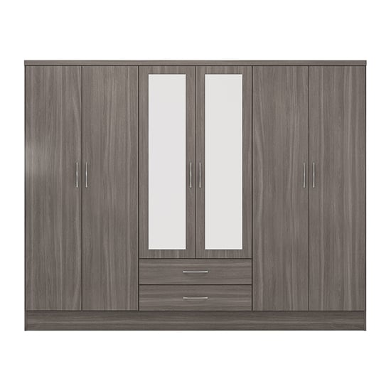 Dark grey oak wood grain six door wardrobe with central mirrored panels and two drawers.