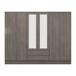The CHOICEWARDROBE Modara 230cm wardrobe in dark grey oak wood grain offers extra-large bedroom storage with six doors (two mirrored center doors), two drawers below, and sleek metal handles. Includes hanging rails for versatile organization.