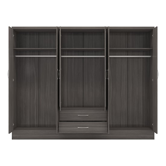 CHOICEWARDROBE 6 door dark grey oak wardrobe open showing shelves, hanging rails and drawers