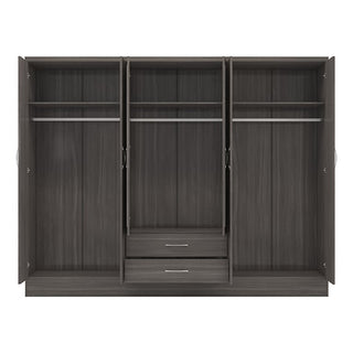 The CHOICEWARDROBE Modara 230cm 6 Door Mirrored Wardrobe in dark grey oak features three sections with shelves and hanging rails, plus two central drawers—doors open to show its spacious, empty interior.
