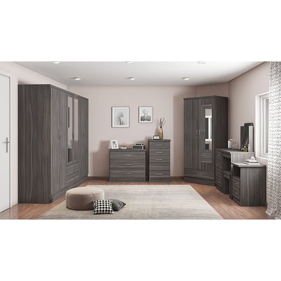 CHOICEWARDROBE Modara 230cm 6 door mirrored wardrobe in dark grey oak wood grain finish.