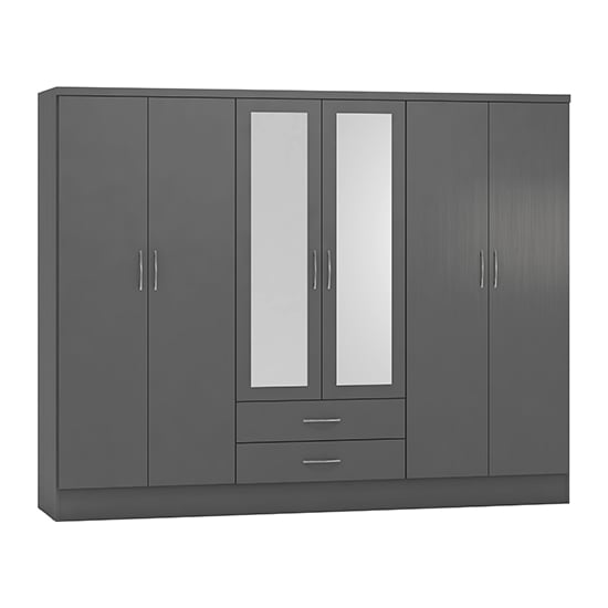 CHOICEWARDROBE Modara 230cm 6 Door Grey Wardrobe with 2 Mirrors and 2 Drawers