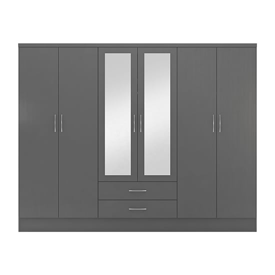 CHOICEWARDROBE Modara 230cm 6-door grey wardrobe with 2 mirrored central doors and 2 drawers.