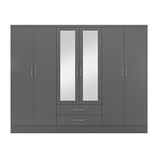 The CHOICEWARDROBE Modara 230cm 6 Door Wardrobe offers full wall bedroom storage in a grey 3D effect, featuring two mirrored central doors, two drawers, and sleek metal handles. Perfect for spacious and stylish organization.