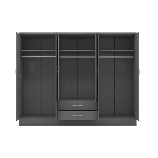 Grey 6-door wardrobe with two drawers and internal hanging rails, open view.