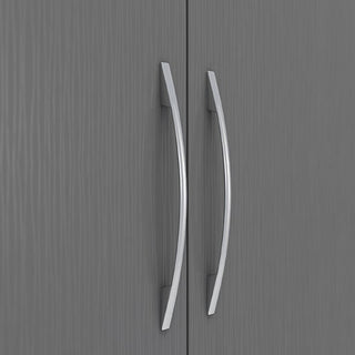 Close-up of two vertical silver handles on the CHOICEWARDROBE Modara 230cm 6 Door Wardrobe in Grey 3D Effect, showing their modern curved design on wood-textured doors. Features include 2 mirrors and 2 drawers for full wall bedroom storage.
