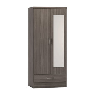 The CHOICEWARDROBE Modara is a compact, modern 2-door wardrobe with a full-length mirror, one bottom drawer, silver handles, and a black wood grain finish—ideal for stylish bedroom storage.