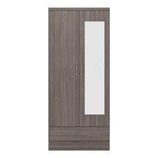The CHOICEWARDROBE Modara 78cm 2 Door 1 Drawer Wardrobe features a black wood grain finish, a vertical mirror, two metal handles, and a bottom drawer for compact bedroom storage.