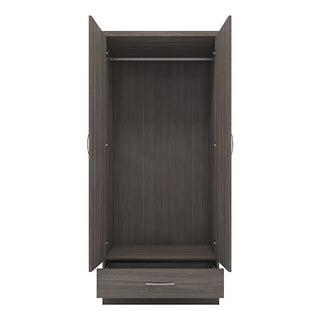 The CHOICEWARDROBE Modara 78cm 2 Door 1 Drawer Wardrobe in black wood grain finish features open doors revealing a mirror, hanging rod, and a spacious pull-out bottom drawer, perfect for compact bedroom storage.