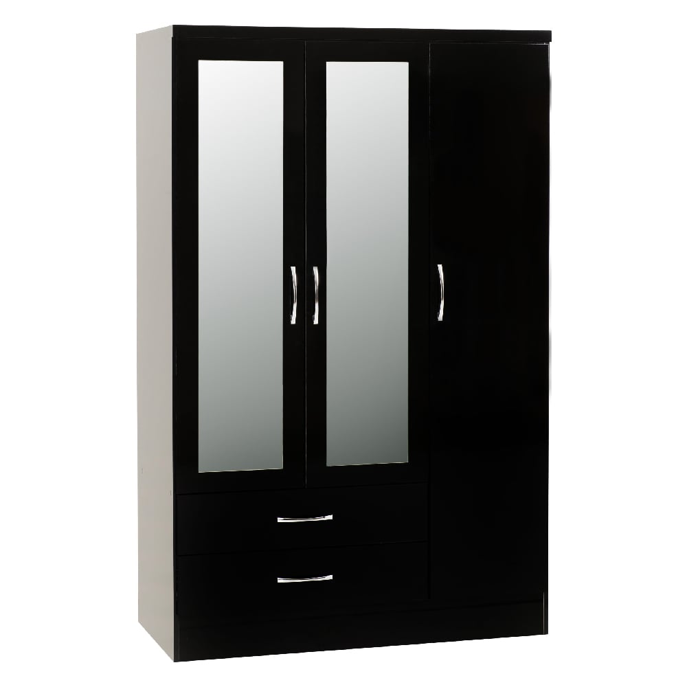3-door black gloss wardrobe with 2 mirrored doors and 2 drawers