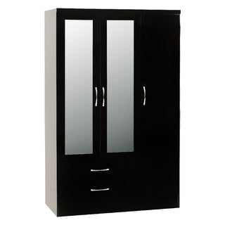 The CHOICEWARDROBE Modara Black Gloss 3 Door Wardrobe features 2 mirrored doors, a solid right door, and 2 bottom drawers with silver handles for a sleek, modern look. Width: 182.5cm.