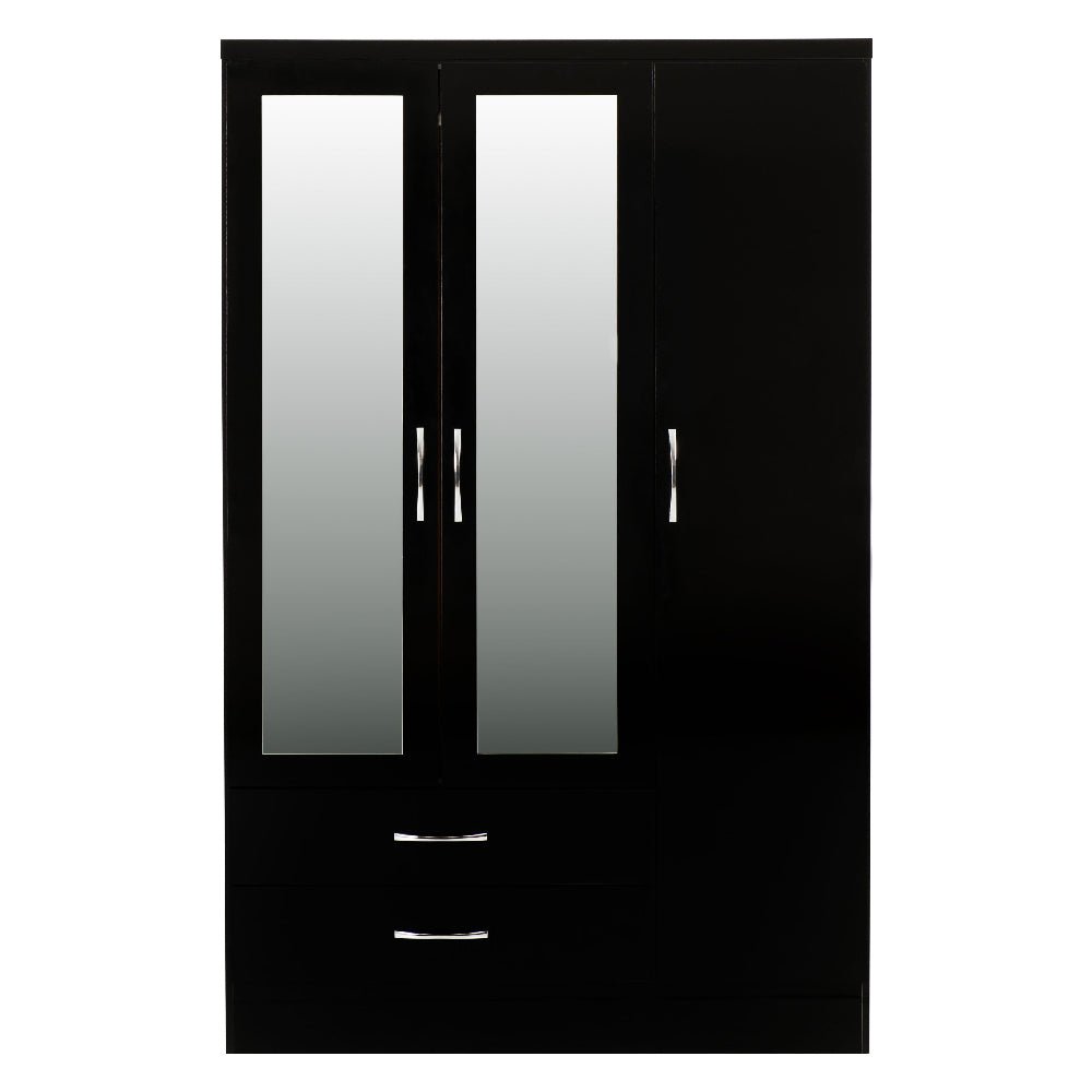 Black gloss 3-door wardrobe with 2 mirrored doors and 2 drawers