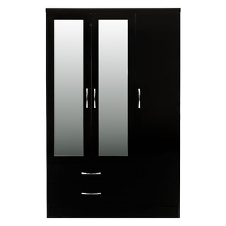 The CHOICEWARDROBE Modara Black Gloss 3 Door Wardrobe features two mirrored doors, a plain right door, two drawers beneath the mirrors, sleek silver handles, and measures 182.5cm wide for a modern style.