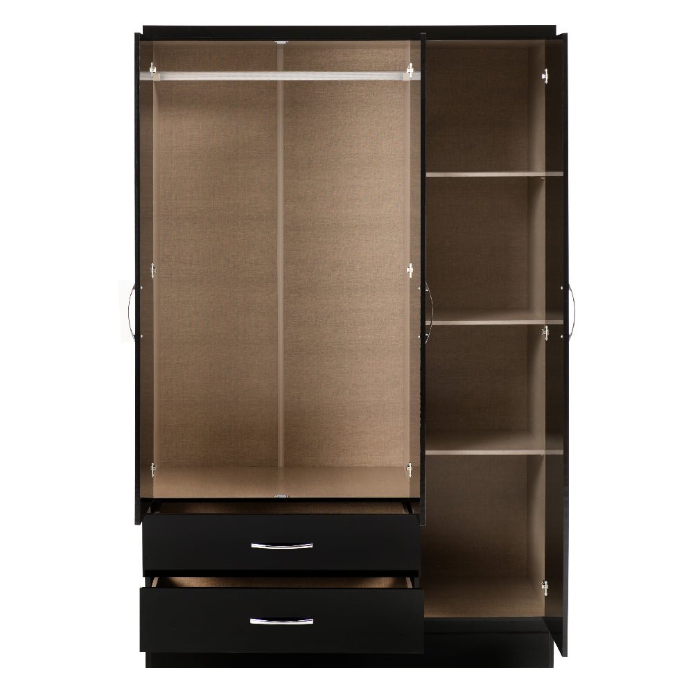 Black gloss wardrobe with mirrored doors and two drawers, open view showing hanging rail and shelves.
