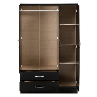 The CHOICEWARDROBE Modara Black Gloss 3 Door Wardrobe features 2 mirrored doors, 2 drawers, hanging space and shelves inside spacious compartments, all finished in sleek black gloss and measuring 182.5cm wide.