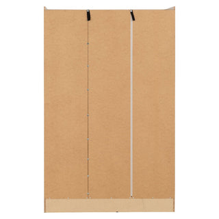 The image shows the back view of the CHOICEWARDROBE Modara Black Gloss 3 Door Wardrobe with 2 mirrored doors and 2 drawers, measuring 182.5cm wide, made of unfinished particle board with visible seams, nails, and black plastic brackets at the top corners.