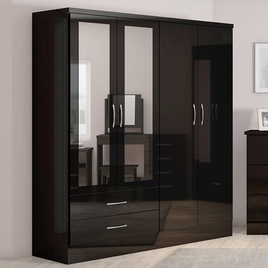 CHOICEWARDROBE black high gloss 4 door mirrored wardrobe with 2 drawers