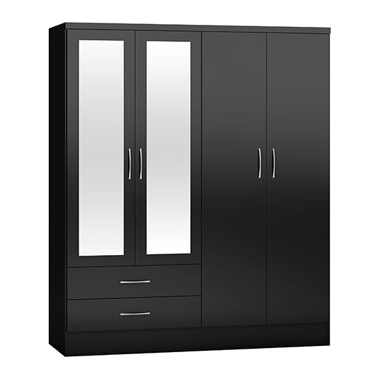 Black 4 door wardrobe with 2 mirrored doors and 2 drawers