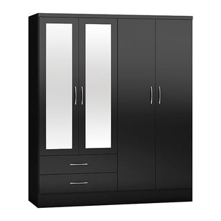 The CHOICEWARDROBE Modara Black High Gloss 4 Door 2 Drawer Mirrored Wardrobe features two full-length mirrored doors, two drawers below, and sleek silver handles for a modern bedroom storage solution.
