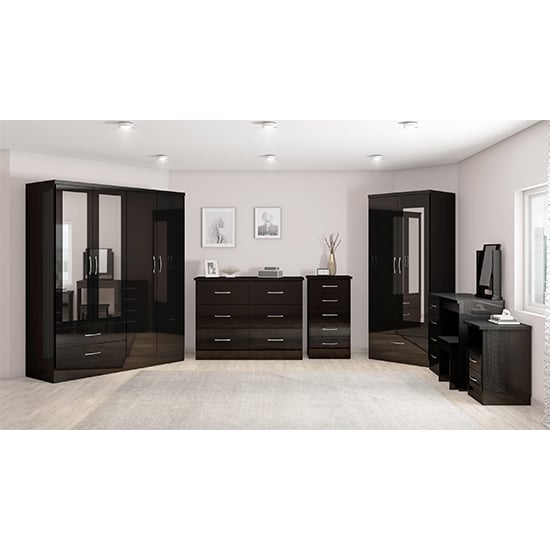 CHOICEWARDROBE Modara black high gloss 4-door mirrored wardrobe with other bedroom furniture