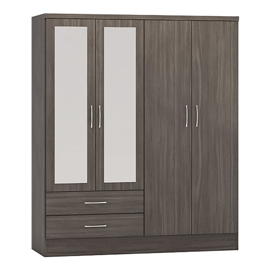 4-door black wood grain wardrobe with two mirrored doors, two drawers, and silver handles.