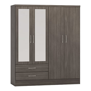 The CHOICEWARDROBE Modara Black Wood Grain 4 Door Mirrored Wardrobe features two mirrored doors, two bottom drawers, a plain wood right door, and sleek silver handles—perfect for modern bedroom storage with hanging rail.