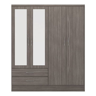 The CHOICEWARDROBE Modara Black Wood Grain 4 Door Wardrobe features two left mirrored doors, two right plain doors, and two bottom left drawers—offering modern bedroom storage with a sleek finish, drawers, and hanging rail.