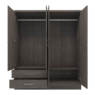 The CHOICEWARDROBE Modara Black Wood Grain 4 Door Mirrored Wardrobe features a modern design with drawers, a top hanging rail, shelves, and ample storage for your bedroom.