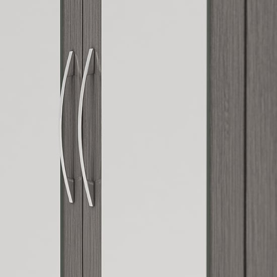 CHOICEWARDROBE 4 door mirrored wardrobe, close-up of black wood grain doors with silver handles.