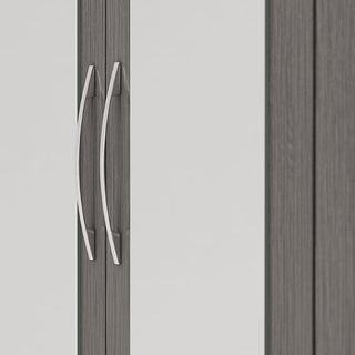 Close-up of two silver handles on the CHOICEWARDROBE Modara Black Wood Grain 4 Door Mirrored Wardrobe, a modern bedroom storage unit with drawers and hanging rail, shown against a plain light background.