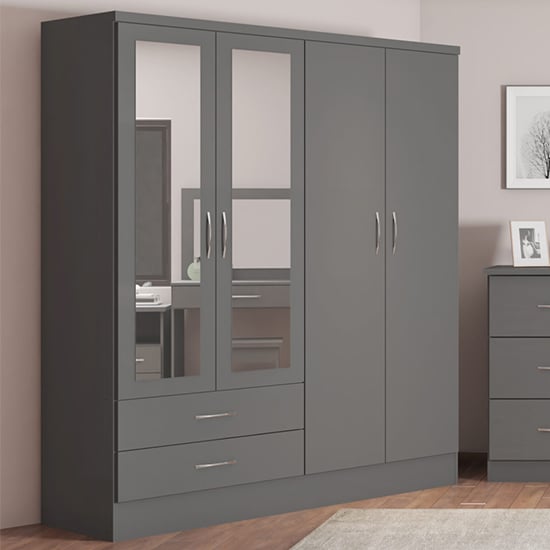 Grey 4-door wardrobe with mirrored panels and two visible drawers
