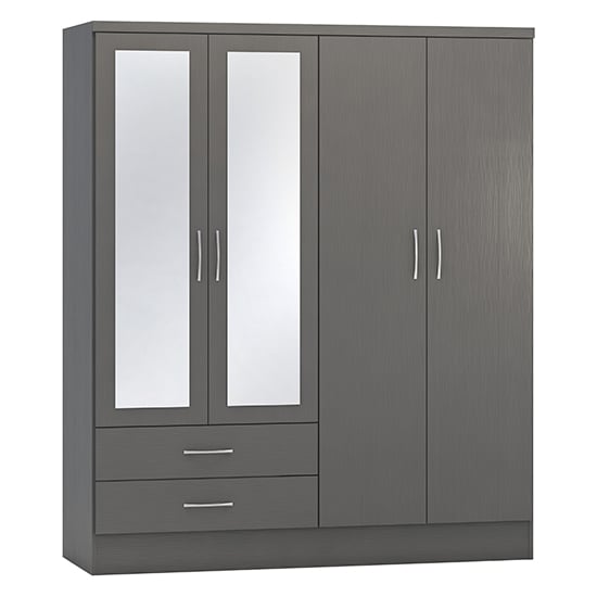 Grey four-door wardrobe with mirrored front panels and two visible drawers below