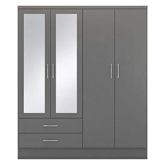 Grey four-door wardrobe with two mirrored doors and two drawers.