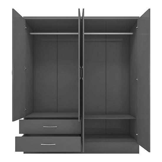 Grey four-door wardrobe interior with mirrored doors, drawers, shelves, and hanging rail
