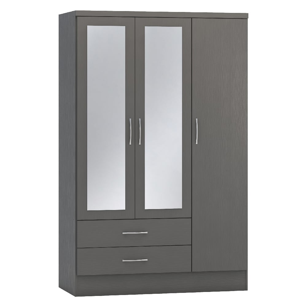 Grey gloss 3 door wardrobe with 2 mirrored doors and 2 drawers, featuring silver handles.