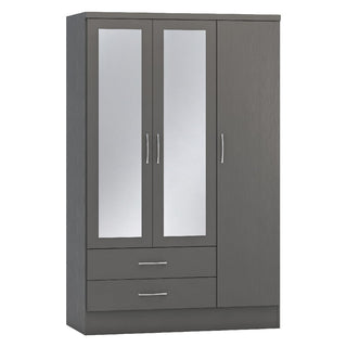 The CHOICEWARDROBE Modara Grey Gloss 3 Door Wardrobe features 2 mirrored doors, 2 drawers, and silver handles, offering stylish bedroom storage in a sleek dark grey finish. Width: 182.5cm.