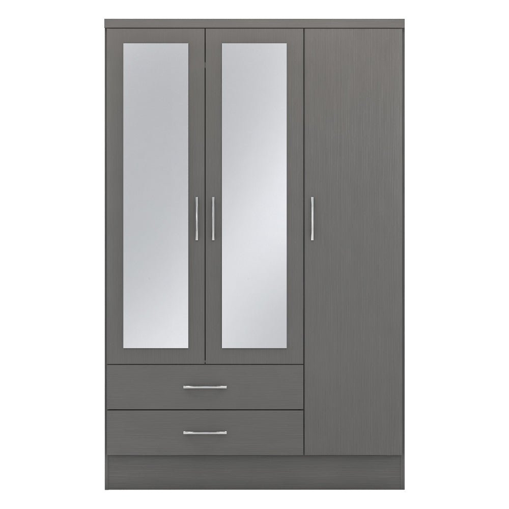 CHOICEWARDROBE Modara 3-door grey gloss wardrobe with 2 mirrored doors and 2 drawers.