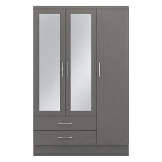 The CHOICEWARDROBE Modara Grey Gloss 3 Door Wardrobe features two mirrored doors, two bottom drawers, and silver handles, providing stylish and practical bedroom storage in a simple modern design. Width: 182.5cm.