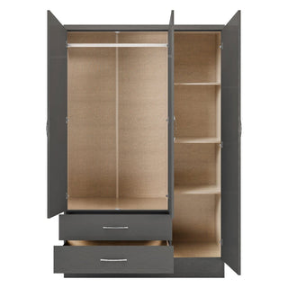 The CHOICEWARDROBE Modara Grey Gloss 3 Door Wardrobe features two mirrored doors, a stylish grey finish, two drawers for storage, and measures 182.5cm wide—ideal for organizing your bedroom with modern flair.