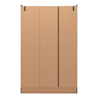 The CHOICEWARDROBE Modara Grey Gloss 3 Door Wardrobe features a modern design with 2 mirrored doors, 2 drawers, sleek handles, and black corner brackets. This stylish bedroom storage measures 182.5cm wide and has a flat top for added functionality.