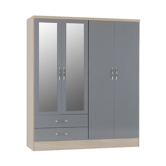 Grey gloss 4 door mirrored wardrobe with two drawers and oak frame
