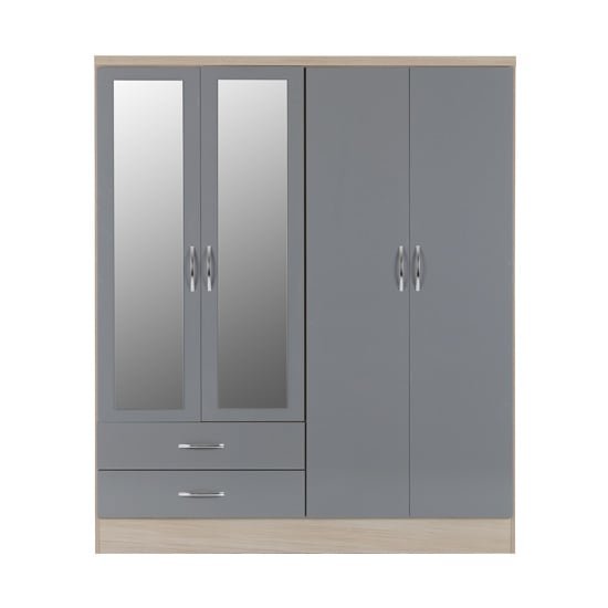 Grey gloss 4 door mirrored wardrobe with 2 drawers and oak frame