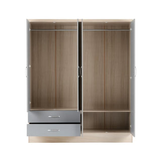 The CHOICEWARDROBE Modara Grey Gloss 4 Door 2 Drawer Mirrored Wardrobe features dual hanging spaces, two drawers, sleek grey gloss doors, and a light wood finish inside—an elegant modern bedroom storage solution.