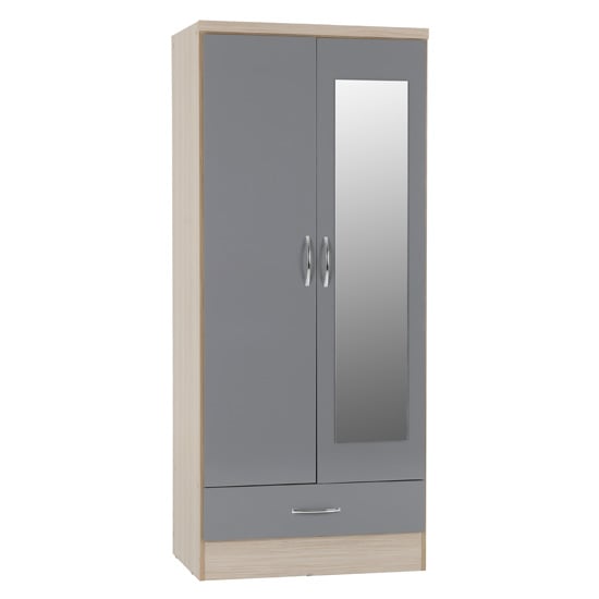 CHOICEWARDROBE 2 door grey gloss wardrobe with oak effect frame and mirrored panel